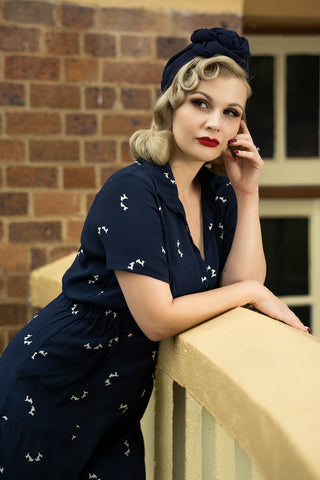 "Lauren" Siren Suit in Navy with Doggy Print by The Seamstress of Bloomsbury Classic 1940s Style - True and authentic vintage style clothing, inspired by the Classic styles of CC41 , WW2 and the fun 1950s RocknRoll era, for everyday wear plus events like Goodwood Revival, Twinwood Festival and Viva Las Vegas Rockabilly Weekend Rock n Romance The Seamstress Of Bloomsbury