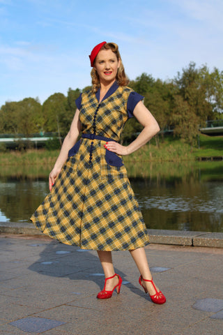 The "Casey" Dress in Mustard & Navy Check Print, True 1950s Vintage Style - CC41, Goodwood Revival, Twinwood Festival, Viva Las Vegas Rockabilly Weekend Rock n Romance Rock n Romance