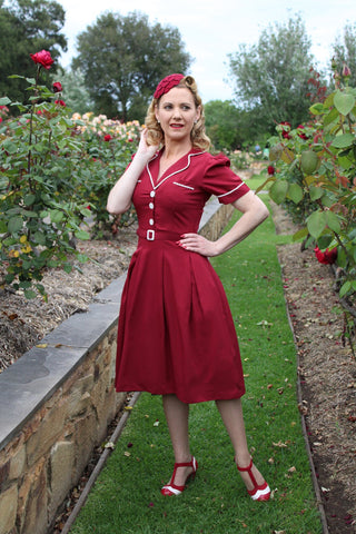 The "Kitty" Shirtwaister Dress in Wine with Contrast Ric-Rac, True Late 40s Early 1950s Vintage Style - CC41, Goodwood Revival, Twinwood Festival, Viva Las Vegas Rockabilly Weekend Rock n Romance Rock n Romance