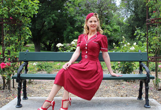 The "Kitty" Shirtwaister Dress in Wine with Contrast Ric-Rac, True Late 40s Early 1950s Vintage Style - CC41, Goodwood Revival, Twinwood Festival, Viva Las Vegas Rockabilly Weekend Rock n Romance Rock n Romance