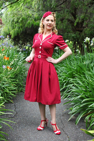 The "Kitty" Shirtwaister Dress in Wine with Contrast Ric-Rac, True Late 40s Early 1950s Vintage Style - CC41, Goodwood Revival, Twinwood Festival, Viva Las Vegas Rockabilly Weekend Rock n Romance Rock n Romance