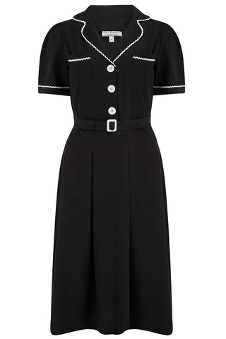 The "Kitty" Shirtwaister Dress in Black with Contrast Ric-Rac, True Late 40s Early 1950s Vintage Style - CC41, Goodwood Revival, Twinwood Festival, Viva Las Vegas Rockabilly Weekend Rock n Romance Rock n Romance