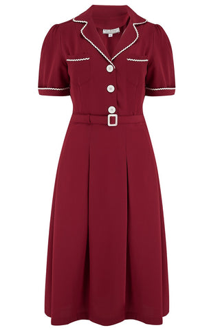 The "Kitty" Shirtwaister Dress in Wine with Contrast Ric-Rac, True Late 40s Early 1950s Vintage Style - CC41, Goodwood Revival, Twinwood Festival, Viva Las Vegas Rockabilly Weekend Rock n Romance Rock n Romance