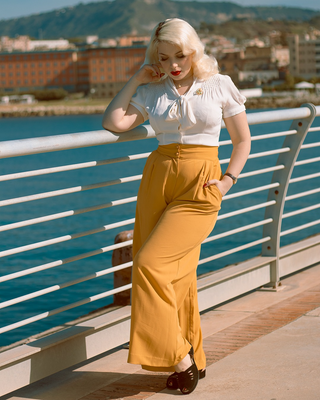 The "Sophia" Palazzo Wide Leg Trousers in Mustard, Easy To Wear Vintage Inspired Style - CC41, Goodwood Revival, Twinwood Festival, Viva Las Vegas Rockabilly Weekend Rock n Romance Rock n Romance