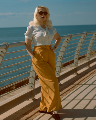 The "Sophia" Palazzo Wide Leg Trousers in Mustard, Easy To Wear Vintage Inspired Style - CC41, Goodwood Revival, Twinwood Festival, Viva Las Vegas Rockabilly Weekend Rock n Romance Rock n Romance