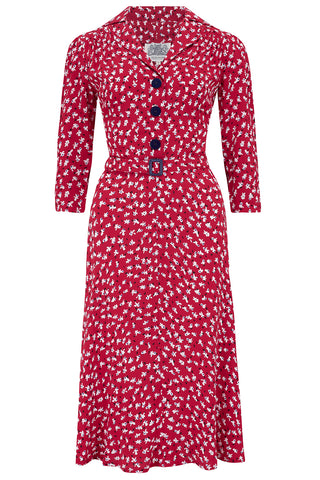 Lisa" Tea Dress with 3/4 Length Sleeves in Red Clover Print , Authentic 1940s Vintage Style - CC41, Goodwood Revival, Twinwood Festival, Viva Las Vegas Rockabilly Weekend Rock n Romance The Seamstress Of Bloomsbury