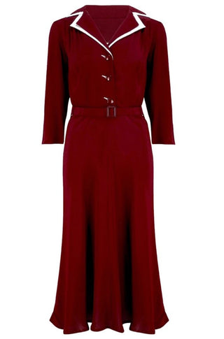 Long sleeve Lisa - Mae Dress in Wine with contrast under collar, Authentic 1940s Vintage Style at its Best - CC41, Goodwood Revival, Twinwood Festival, Viva Las Vegas Rockabilly Weekend Rock n Romance The Seamstress Of Bloomsbury