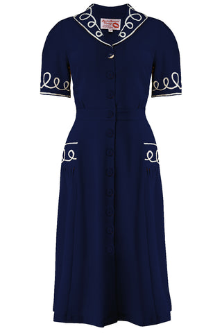 The "Loopy-Lou" Shirtwaister Dress in Navy with Contrast RicRac, True 1950s Vintage Style - CC41, Goodwood Revival, Twinwood Festival, Viva Las Vegas Rockabilly Weekend Rock n Romance Rock n Romance