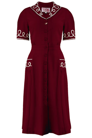 The "Loopy-Lou" Shirtwaister Dress in Wine with Contrast RicRac, True 1950s Vintage Style - CC41, Goodwood Revival, Twinwood Festival, Viva Las Vegas Rockabilly Weekend Rock n Romance Rock n Romance