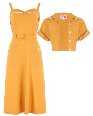 The "Lucille" 2pc Sweetheart Dress & Bolero Set In Mustard & Ivory Contrast, True Late 1940s - Early 50s Vintage Style - CC41, Goodwood Revival, Twinwood Festival, Viva Las Vegas Rockabilly Weekend Rock n Romance Rock n Romance