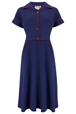 The "Lucille" 2pc Sweetheart Dress & Bolero Set In Navy & Red Contrast, True Late 1940s - Early 50s Vintage Style - CC41, Goodwood Revival, Twinwood Festival, Viva Las Vegas Rockabilly Weekend Rock n Romance Rock n Romance