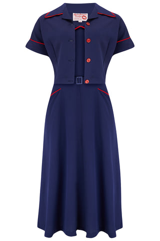 The "Lucille" 2pc Sweetheart Dress & Bolero Set In Navy & Red Contrast, True Late 1940s - Early 50s Vintage Style - CC41, Goodwood Revival, Twinwood Festival, Viva Las Vegas Rockabilly Weekend Rock n Romance Rock n Romance