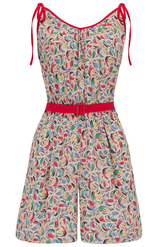 **Sample Sale** The "Marcie" Beach Playsuit / Romper in Tutti Frutti print With Red Contrasts, True & Authentic 1950s Vintage Style - CC41, Goodwood Revival, Twinwood Festival, Viva Las Vegas Rockabilly Weekend Rock n Romance Rock n Romance