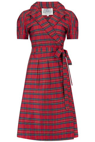 "Peggy" Wrap Dress in Red Taffeta Tartan, Classic 1940s Vintage Style - CC41, Goodwood Revival, Twinwood Festival, Viva Las Vegas Rockabilly Weekend Rock n Romance The Seamstress of Bloomsbury