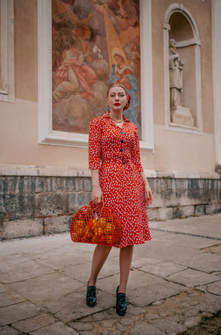 Lisa" Tea Dress with 3/4 Length Sleeves in Red Clover Print , Authentic 1940s Vintage Style - CC41, Goodwood Revival, Twinwood Festival, Viva Las Vegas Rockabilly Weekend Rock n Romance The Seamstress Of Bloomsbury