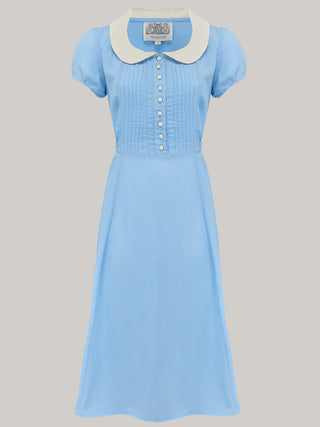 "Dorothy" Swing Dress in Powder Blue, With Cream Contrast collar Mid 1940s Inspired, Vintage Style - True and authentic vintage style clothing, inspired by the Classic styles of CC41 , WW2 and the fun 1950s RocknRoll era, for everyday wear plus events like Goodwood Revival, Twinwood Festival and Viva Las Vegas Rockabilly Weekend Rock n Romance The Seamstress Of Bloomsbury