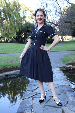 The "Kitty" Shirtwaister Dress in Black with Contrast Ric-Rac, True Late 40s Early 1950s Vintage Style - CC41, Goodwood Revival, Twinwood Festival, Viva Las Vegas Rockabilly Weekend Rock n Romance Rock n Romance