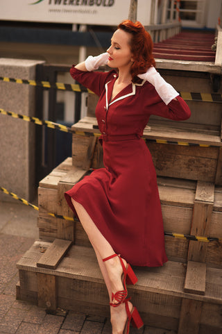 Long sleeve Lisa - Mae Dress in Wine with contrast under collar, Authentic 1940s Vintage Style at its Best - CC41, Goodwood Revival, Twinwood Festival, Viva Las Vegas Rockabilly Weekend Rock n Romance The Seamstress Of Bloomsbury