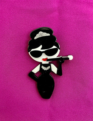 Kitsch Audrey Hepburn Styled Acrylic Pin Brooch, Fun Rockabilly Style & Oh So Kitsch, Blonde Bombshell - True and authentic vintage style clothing, inspired by the Classic styles of CC41 , WW2 and the fun 1950s RocknRoll era, for everyday wear plus events like Goodwood Revival, Twinwood Festival and Viva Las Vegas Rockabilly Weekend Rock n Romance Rock n Romance