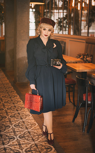 "Eva" Dress in Navy , Classic 1940's Style Long Sleeve Dress with Tie Neck - CC41, Goodwood Revival, Twinwood Festival, Viva Las Vegas Rockabilly Weekend Rock n Romance The Seamstress Of Bloomsbury