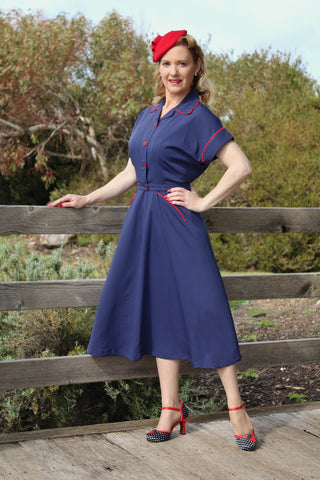 The "Lucille" 2pc Sweetheart Dress & Bolero Set In Navy & Red Contrast, True Late 1940s - Early 50s Vintage Style - CC41, Goodwood Revival, Twinwood Festival, Viva Las Vegas Rockabilly Weekend Rock n Romance Rock n Romance