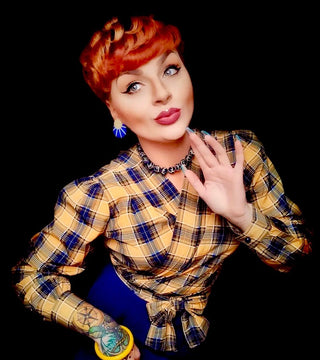 The "Darla" Long Sleeve Wrap Blouse in Mustard & Navy Check Print, True Vintage Style - CC41, Goodwood Revival, Twinwood Festival, Viva Las Vegas Rockabilly Weekend Rock n Romance Rock n Romance