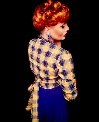 The "Darla" Long Sleeve Wrap Blouse in Mustard & Navy Check Print, True Vintage Style - CC41, Goodwood Revival, Twinwood Festival, Viva Las Vegas Rockabilly Weekend Rock n Romance Rock n Romance