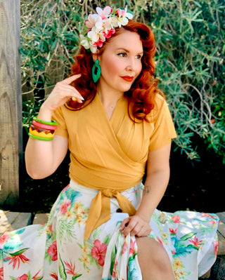 The "Darla" Short Sleeve Wrap Blouse in Mustard, True Vintage Style - CC41, Goodwood Revival, Twinwood Festival, Viva Las Vegas Rockabilly Weekend Rock n Romance Rock n Romance