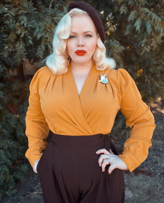 The "Darla" Long Sleeve Wrap Blouse in Mustard, True Vintage Style - CC41, Goodwood Revival, Twinwood Festival, Viva Las Vegas Rockabilly Weekend Rock n Romance Rock n Romance