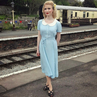 "Dorothy" Swing Dress in Powder Blue, With Cream Contrast collar Mid 1940s Inspired, Vintage Style - True and authentic vintage style clothing, inspired by the Classic styles of CC41 , WW2 and the fun 1950s RocknRoll era, for everyday wear plus events like Goodwood Revival, Twinwood Festival and Viva Las Vegas Rockabilly Weekend Rock n Romance The Seamstress Of Bloomsbury