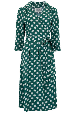 "Loretta" Wrap Tea Dress in Green Moonshine Spot Print, Classic 1940s Vintage Style - CC41, Goodwood Revival, Twinwood Festival, Viva Las Vegas Rockabilly Weekend Rock n Romance The Seamstress Of Bloomsbury