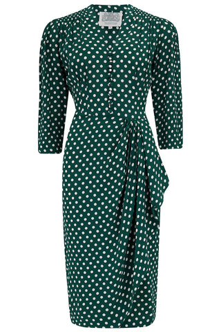 "Mabel" 3/4 Sleeve Dress in Green Polka , A Classic 1940s True Vintage Inspired Style - CC41, Goodwood Revival, Twinwood Festival, Viva Las Vegas Rockabilly Weekend Rock n Romance The Seamstress of Bloomsbury