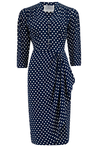 "Mabel" 3/4 Sleeve Dress in Navy Polka , A Classic 1940s Inspired Vintage Style - CC41, Goodwood Revival, Twinwood Festival, Viva Las Vegas Rockabilly Weekend Rock n Romance The Seamstress of Bloomsbury