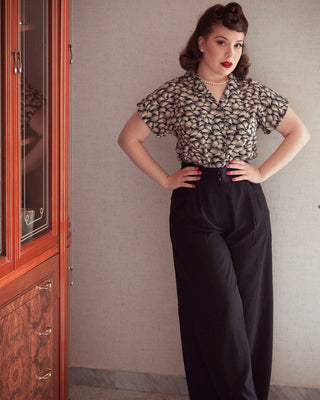 Tuck in or Tie Up "Maria" Blouse in Black Whisp Print, Authentic 1950s