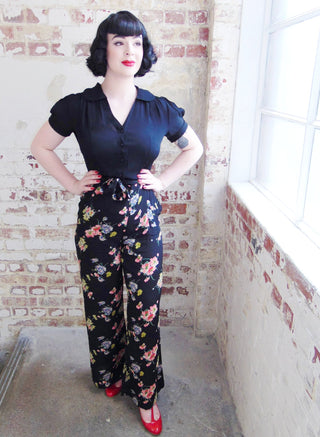 "Winnie" Wide Leg Loose Fit Trousers in Mayflower Print, Classic 1940s Vintage Style - CC41, Goodwood Revival, Twinwood Festival, Viva Las Vegas Rockabilly Weekend Rock n Romance The Seamstress Of Bloomsbury