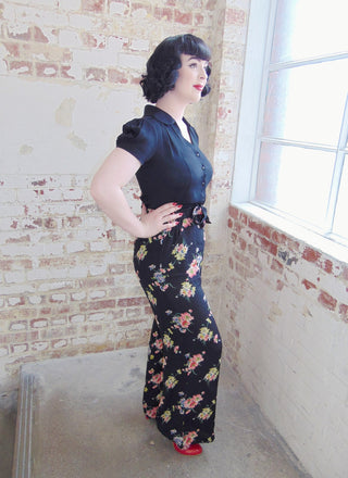 "Winnie" Wide Leg Loose Fit Trousers in Mayflower Print, Classic 1940s Vintage Style - CC41, Goodwood Revival, Twinwood Festival, Viva Las Vegas Rockabilly Weekend Rock n Romance The Seamstress Of Bloomsbury