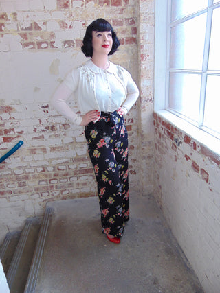 "Winnie" Wide Leg Loose Fit Trousers in Mayflower Print, Classic 1940s Vintage Style - CC41, Goodwood Revival, Twinwood Festival, Viva Las Vegas Rockabilly Weekend Rock n Romance The Seamstress Of Bloomsbury