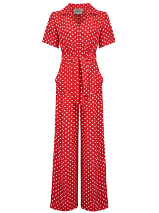 "Lauren" Siren Suit in Red with Polka Spots, Classic 1940s Vintage Holywood Style Inspired - CC41, Goodwood Revival, Twinwood Festival, Viva Las Vegas Rockabilly Weekend Rock n Romance The Seamstress Of Bloomsbury