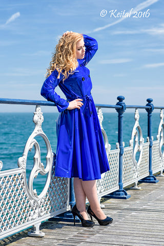 **UK Hand Made To Order** Authentic 1950s Style "Double Breasted & Skirted Rain Mac " in Blue Shiny by Elements Rainwear - CC41, Goodwood Revival, Twinwood Festival, Viva Las Vegas Rockabilly Weekend Rock n Romance Elements Rain Wear