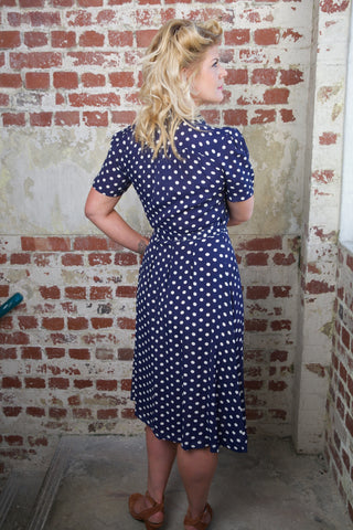 "Peggy" Wrap Dress in Navy with Polka Dot Spot, Classic The 1940s Vintage Inspired Style - CC41, Goodwood Revival, Twinwood Festival, Viva Las Vegas Rockabilly Weekend Rock n Romance The Seamstress of Bloomsbury