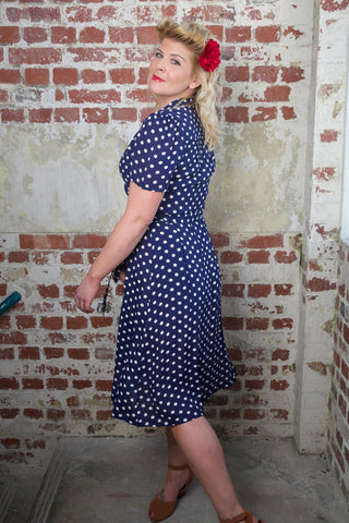 "Peggy" Wrap Dress in Navy with Polka Dot Spot, Classic The 1940s Vintage Inspired Style - CC41, Goodwood Revival, Twinwood Festival, Viva Las Vegas Rockabilly Weekend Rock n Romance The Seamstress of Bloomsbury