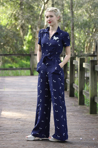 "Lauren" Siren Suit in Navy with Doggy Print by The Seamstress of Bloomsbury Classic 1940s Style - True and authentic vintage style clothing, inspired by the Classic styles of CC41 , WW2 and the fun 1950s RocknRoll era, for everyday wear plus events like Goodwood Revival, Twinwood Festival and Viva Las Vegas Rockabilly Weekend Rock n Romance The Seamstress Of Bloomsbury