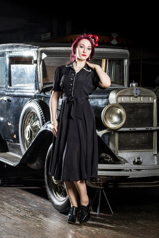 "Mae" Tea Dress in Black with Cream Contrasts, Classic 1940s Vintage Style - CC41, Goodwood Revival, Twinwood Festival, Viva Las Vegas Rockabilly Weekend Rock n Romance The Seamstress of Bloomsbury