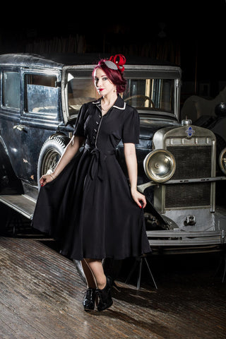 "Mae" Tea Dress in Black with Cream Contrasts, Classic 1940s Vintage Style - CC41, Goodwood Revival, Twinwood Festival, Viva Las Vegas Rockabilly Weekend Rock n Romance The Seamstress of Bloomsbury