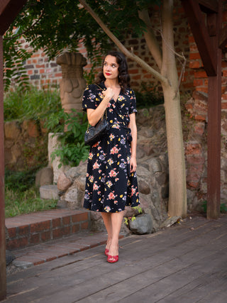 "Peggy" Wrap Dress in Black with Mayflower Print, Classic 1940s Vintage Inspired - CC41, Goodwood Revival, Twinwood Festival, Viva Las Vegas Rockabilly Weekend Rock n Romance The Seamstress of Bloomsbury