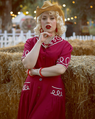 The "Loopy-Lou" Shirtwaister Dress in Wine with Contrast RicRac, True 1950s Vintage Style - CC41, Goodwood Revival, Twinwood Festival, Viva Las Vegas Rockabilly Weekend Rock n Romance Rock n Romance